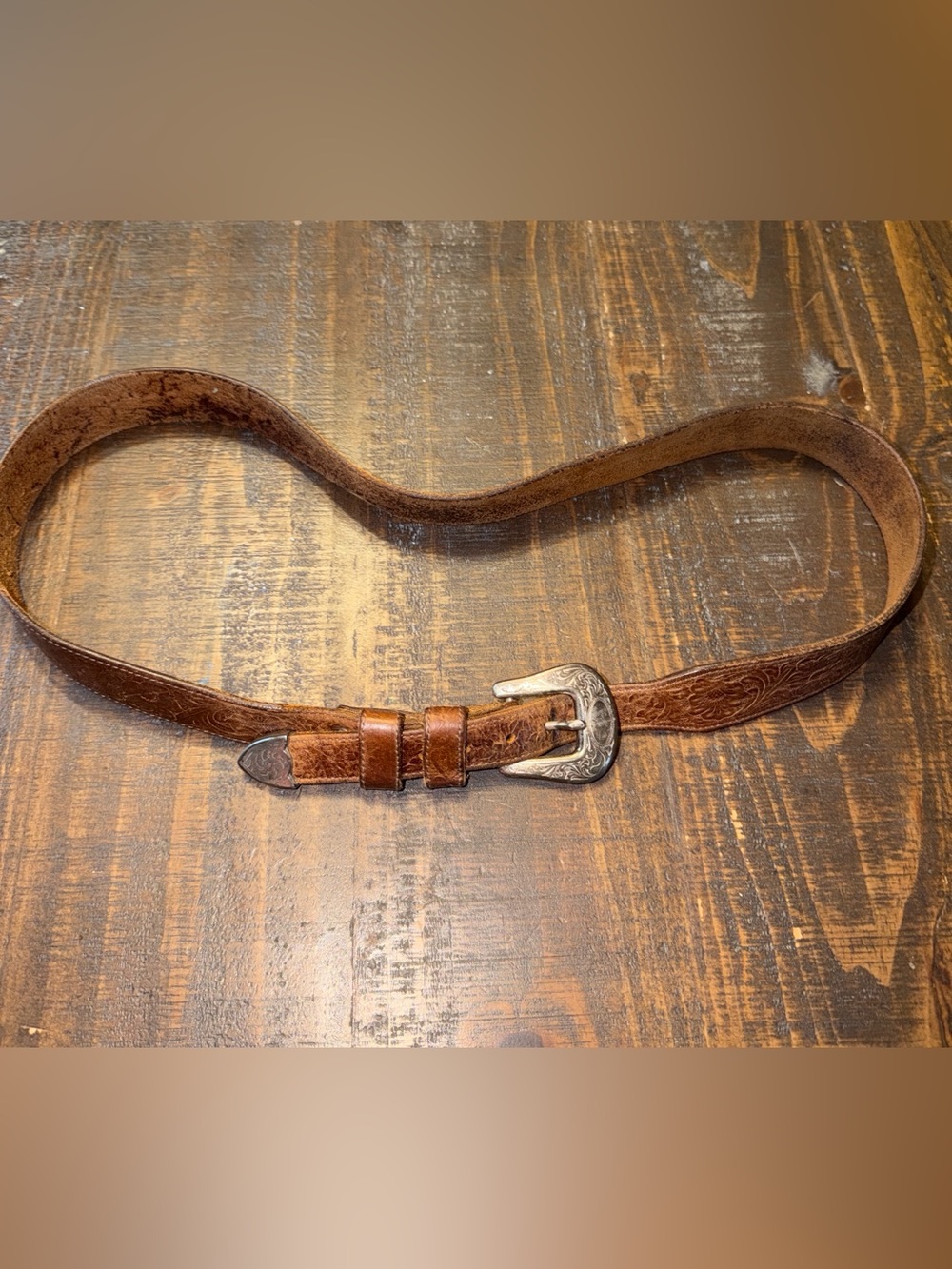 Justin Vintage 1993 Brown Leather Men’s Belt with Decorative Silver Buckle